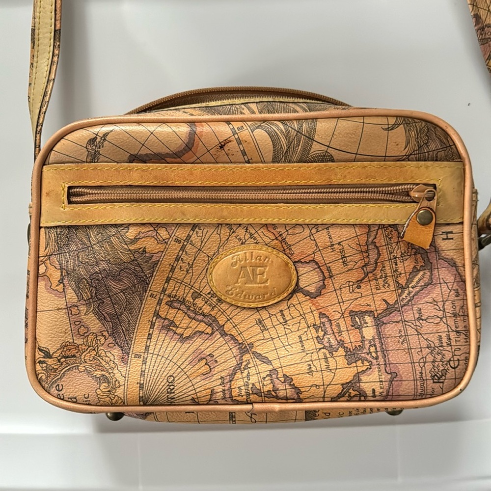 Allen Edwards Vintage Tan and Brown Map Crossbody Bag Genuine Leather New